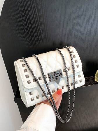 Mini Flap fyrkantig väska Fashionabla dubbdekor Argyle Quiltad Turn-lock Chain PU