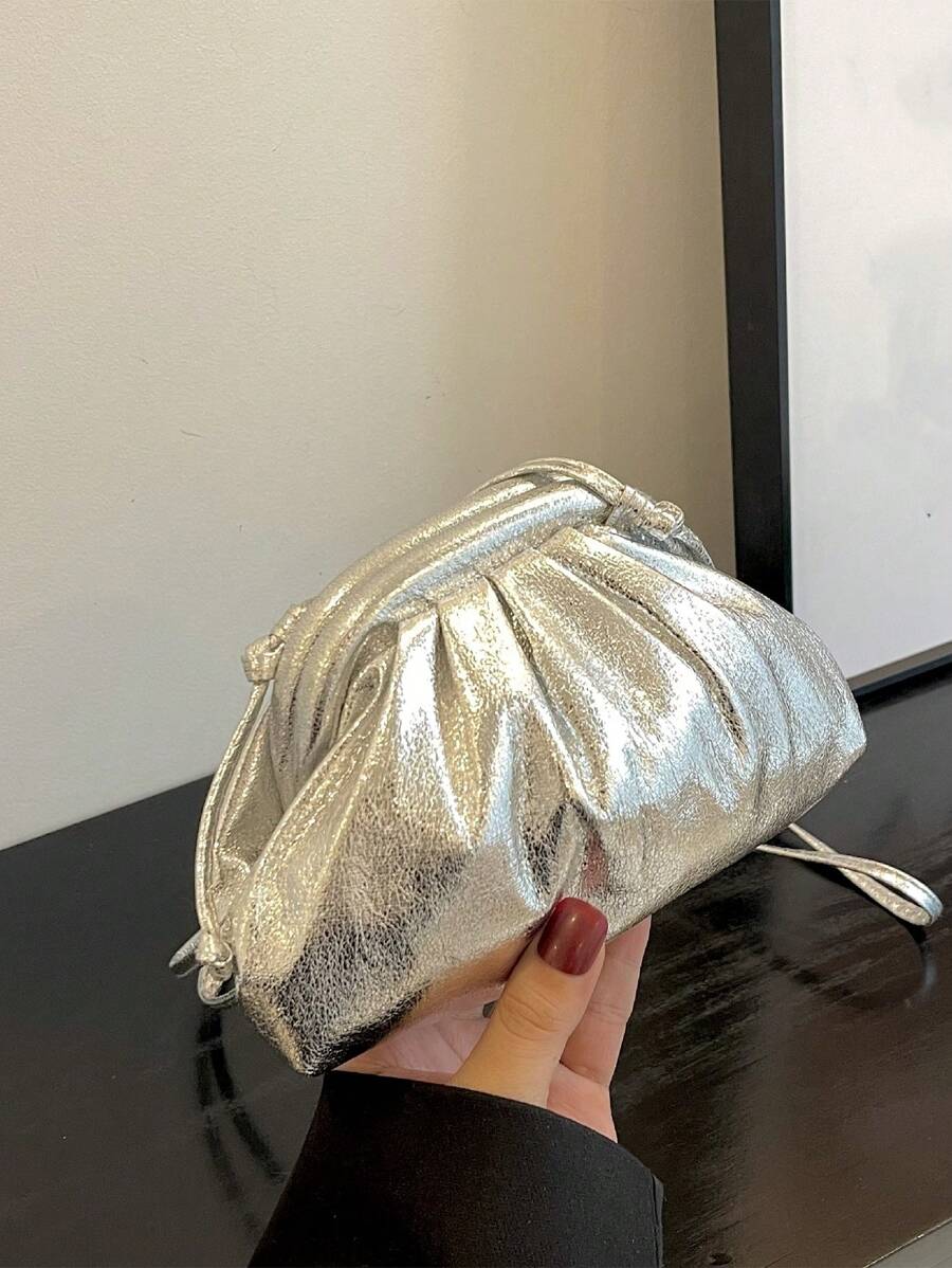 Mini Ruched Bag Silver Metallic PU Funky - Silver - View 1
