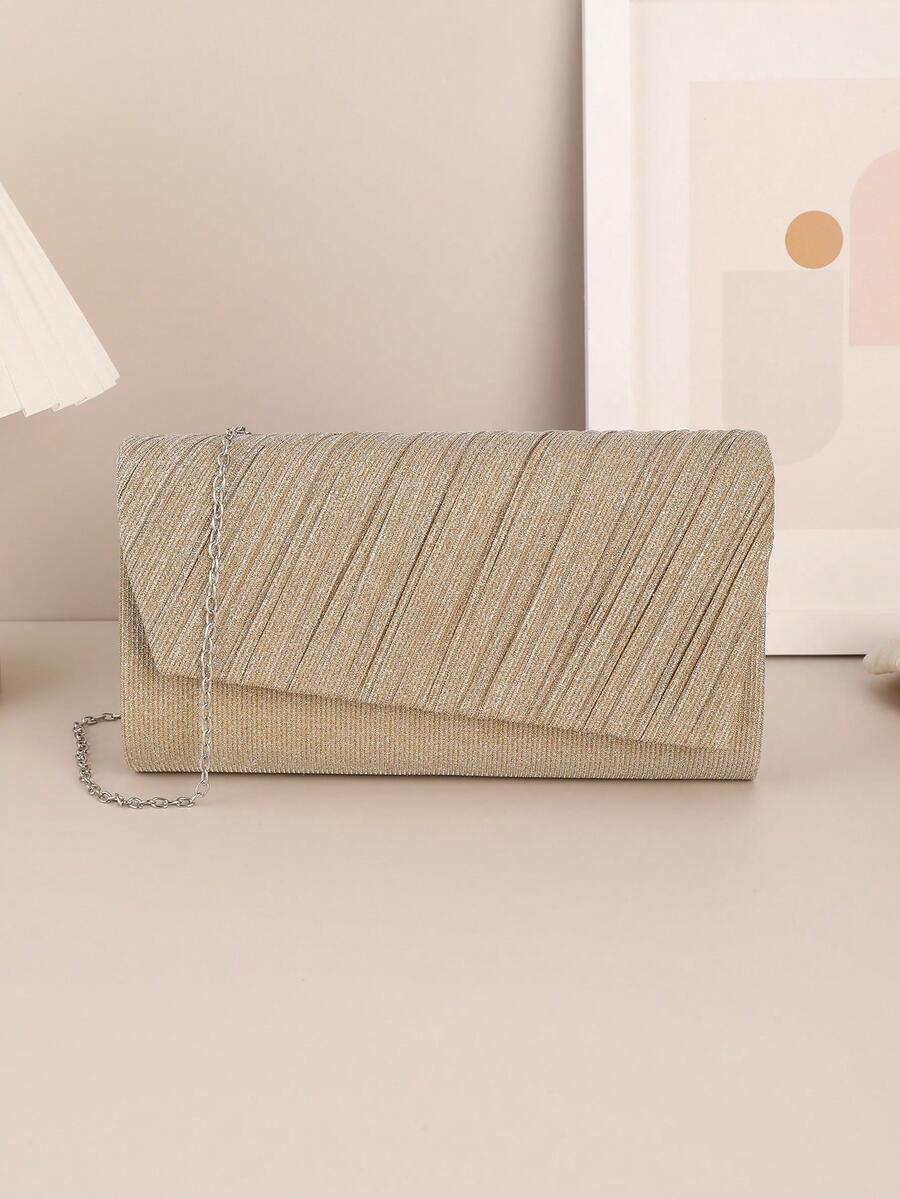 Glamorous, Elegant, Exquisite, Quiet Luxury Sequin, Stylish, Luxury, Shiny Pleated Panel Envelope Bag Flap Chain Glitter Glamorous Evening Bag, Dinner Bag For Party Girl, Woman, Bride Perfect for Party, Wedding, Prom, Dinner/Banquet, For Cocktail - Gold - View 1