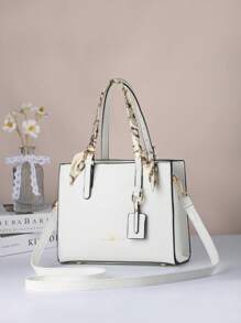 Medium Square Bag Letter Detail With Random Pattern Skinny Scarf Decor Double Handle - White - View 1