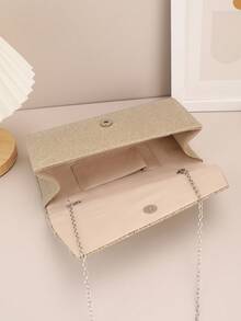 Glamorous, Elegant, Exquisite, Quiet Luxury Sequin, Stylish, Luxury, Shiny Pleated Panel Envelope Bag Flap Chain Glitter Glamorous Evening Bag, Dinner Bag For Party Girl, Woman, Bride Perfect for Party, Wedding, Prom, Dinner/Banquet, For Cocktail - Gold - View 4