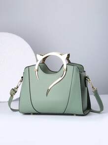 Green Square Bag Cat Head Design Double Handle PU Fashionable - Green - View 1