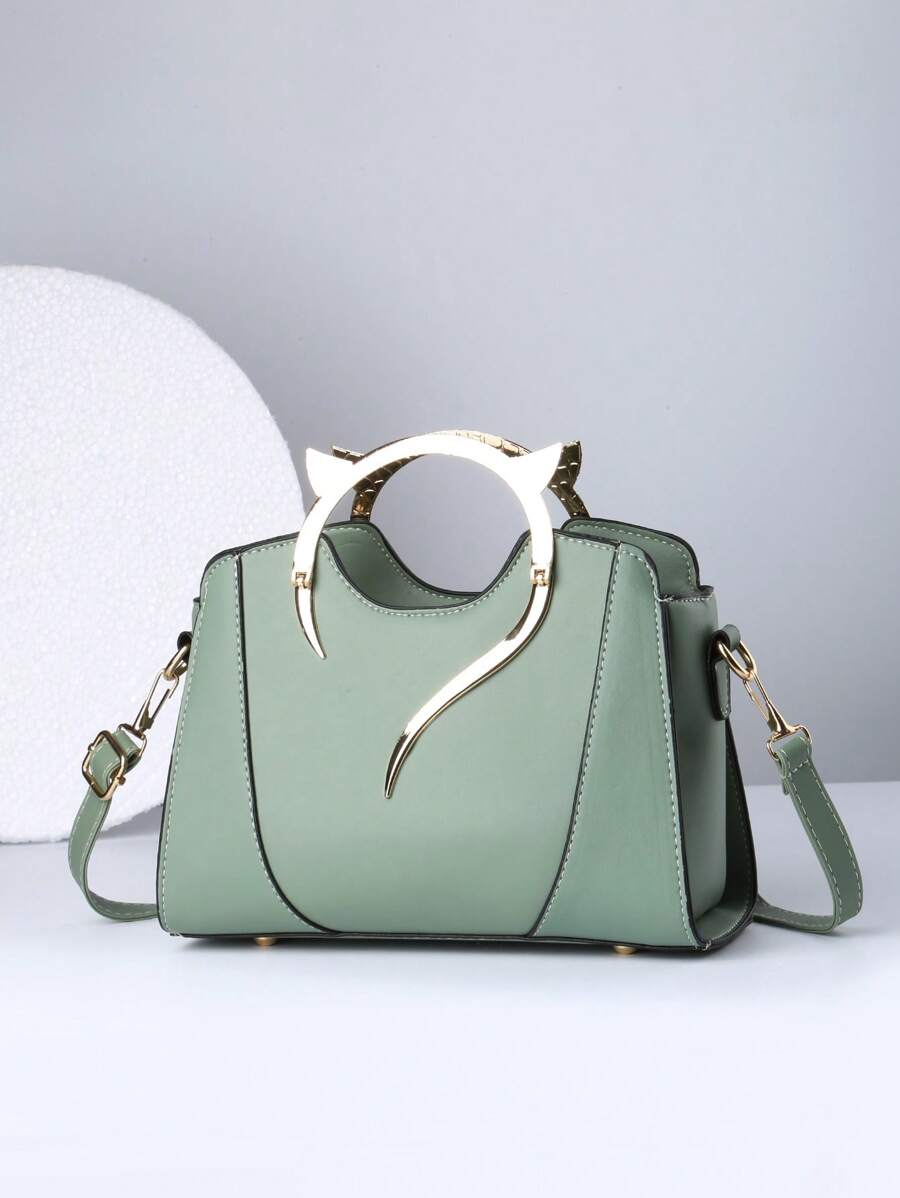 Green Square Bag Cat Head Design Double Handle PU Fashionable - Green - View 1