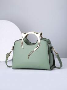 Green Square Bag Cat Head Design Double Handle PU Fashionable - Green - View 2