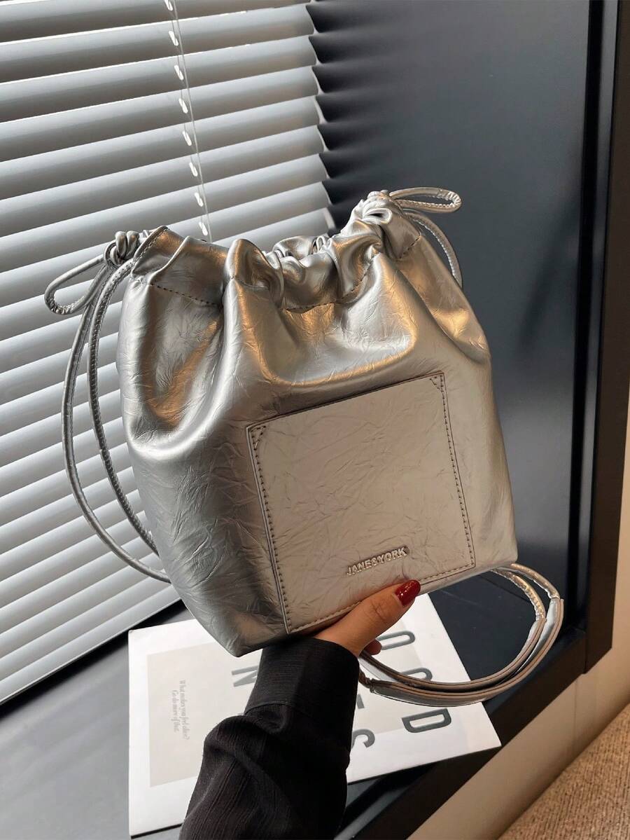 Letter Embossed Bucket Bag Drawstring Design Funky - Silver - View 1