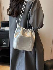 Letter Embossed Bucket Bag Drawstring Design Funky - Silver - View 2