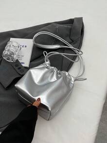 Letter Embossed Bucket Bag Drawstring Design Funky - Silver - View 4