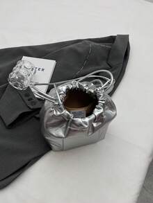 Letter Embossed Bucket Bag Drawstring Design Funky - Silver - View 5