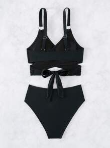 圍裹後打結比基尼泳裝 - 黑色 - 查看 4