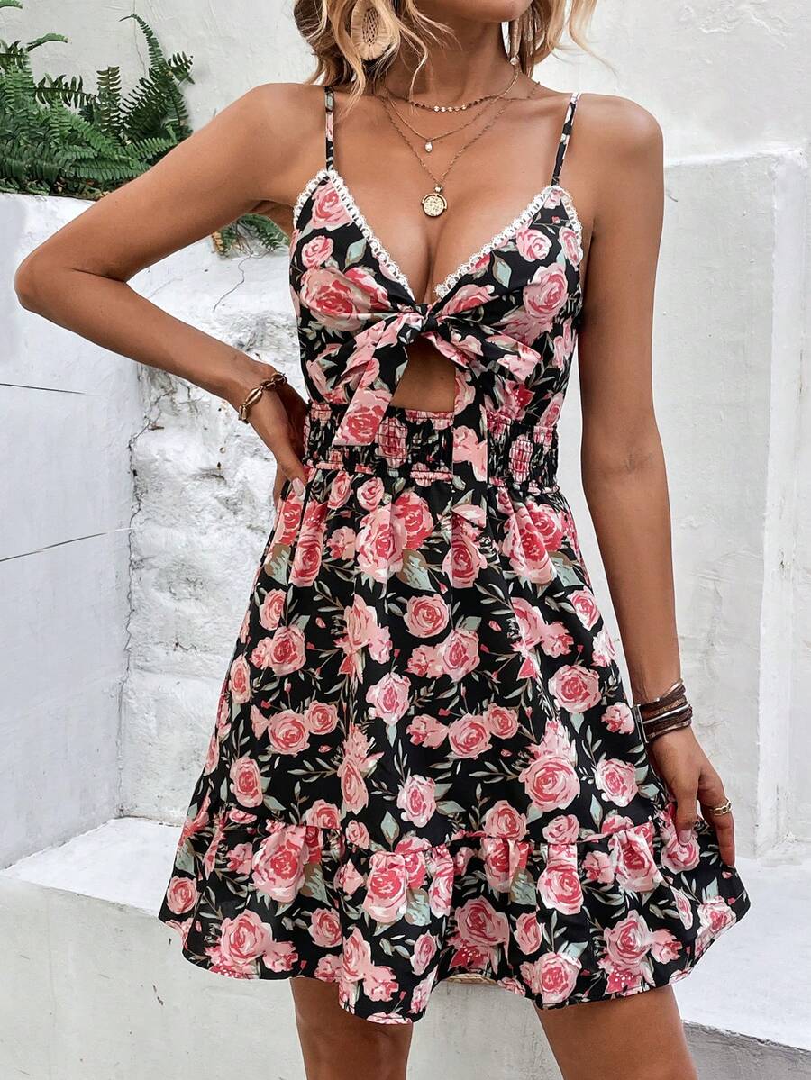 Đầm Cắt ra Viên lá sen Thắt nơ trước Hoa Tất cả trên in Boho - Nhiều màu - Xem 1