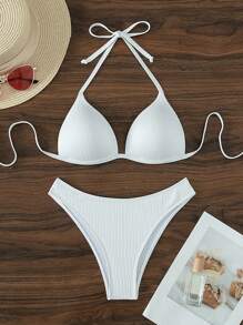 Swim Basics Summer Beach Solid Push Up Bikini Set - White - View 1