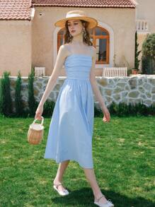 Chất rắn Xù Khóa kéo phía sau Váy Dây - Màu xanh lam - Xem 1