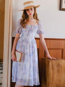 Đầm Thắt nơ trước Nếp gấp Phần Ngực Thực vật Boho - Xanh và trắng - Xem 6