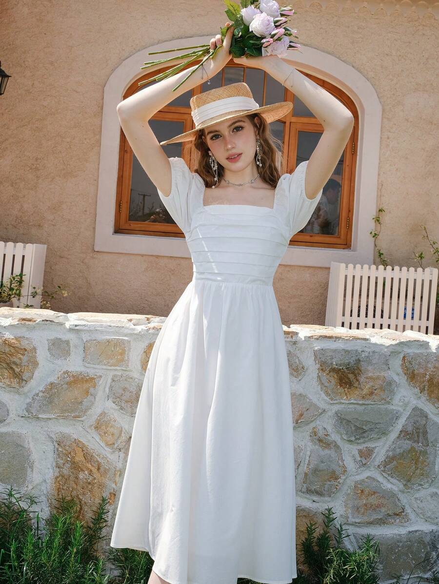 Chất rắn Cổ vuông Ống tay áo Đầm - trắng - Xem 1