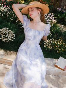 Đầm Thắt nơ trước Nếp gấp Phần Ngực Thực vật Boho - Xanh và trắng - Xem 8