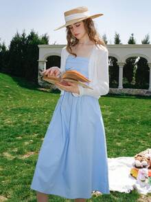 Chất rắn Xù Khóa kéo phía sau Váy Dây - Màu xanh lam - Xem 4