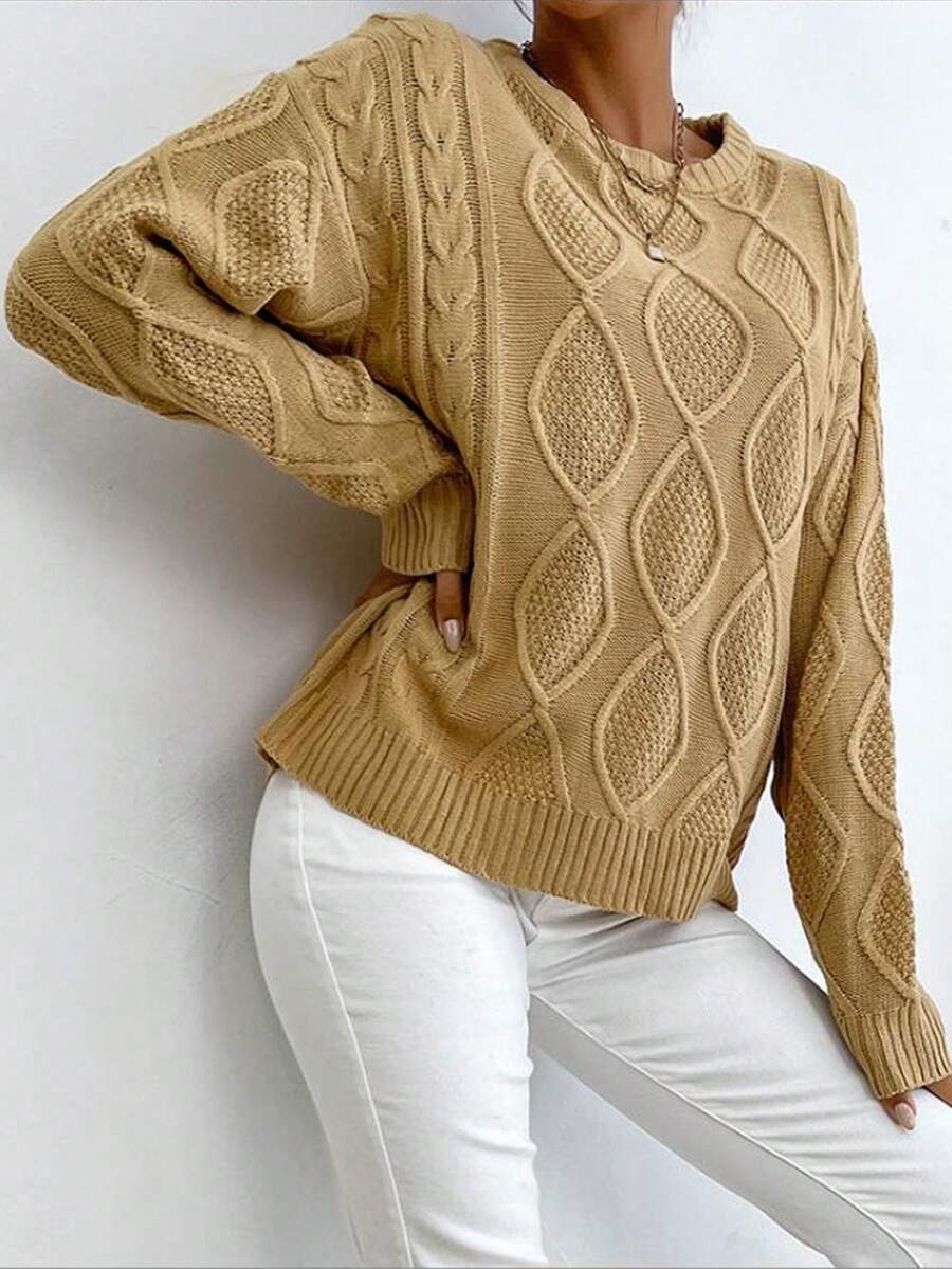 Cable Knit Drop Shoulder Jumper - Khaki - View 1