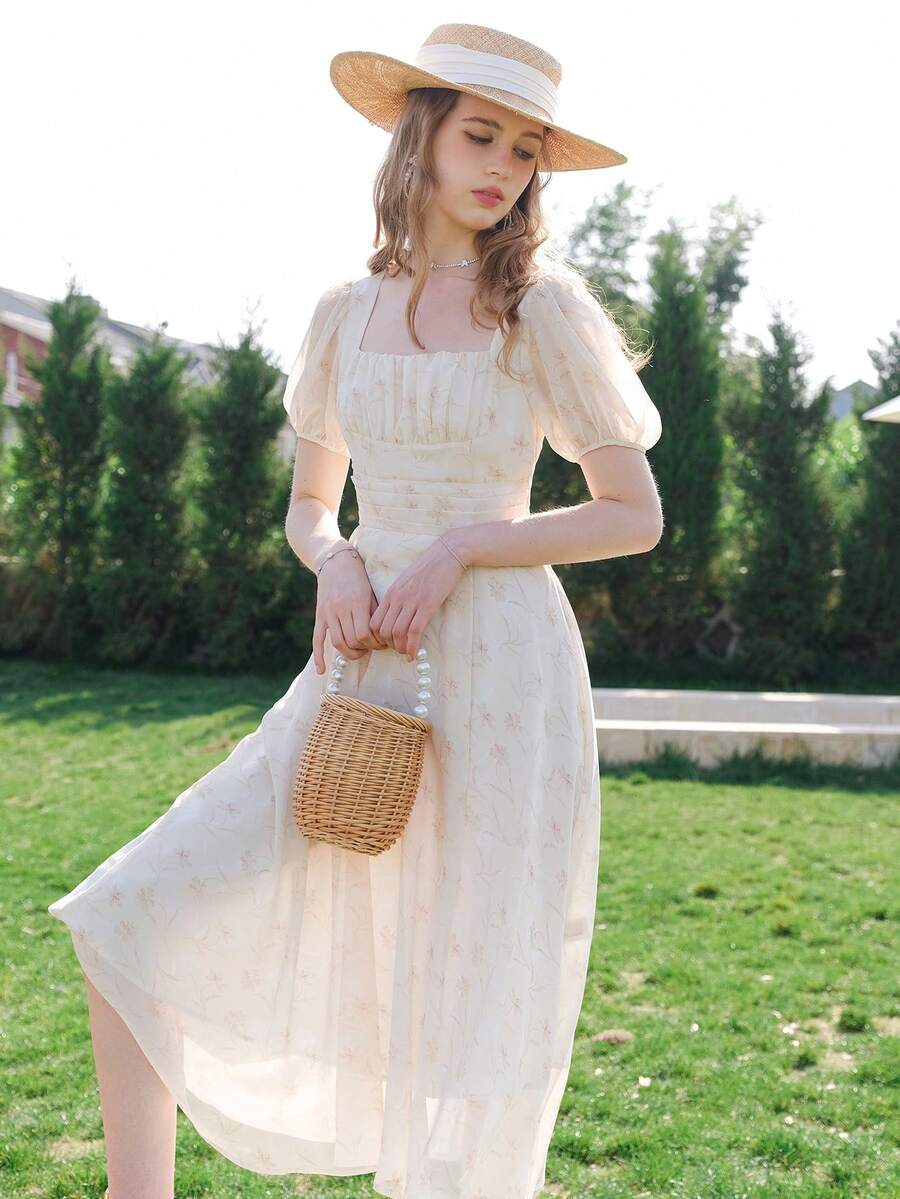 印花方領泡泡袖洋裝 - 黃色 - 查看 1