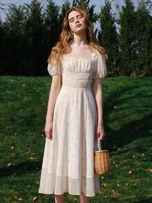 印花方領泡泡袖洋裝 - 黃色 - 查看 5