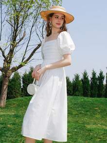 Chất rắn Cổ vuông Ống tay áo Đầm - trắng - Xem 8