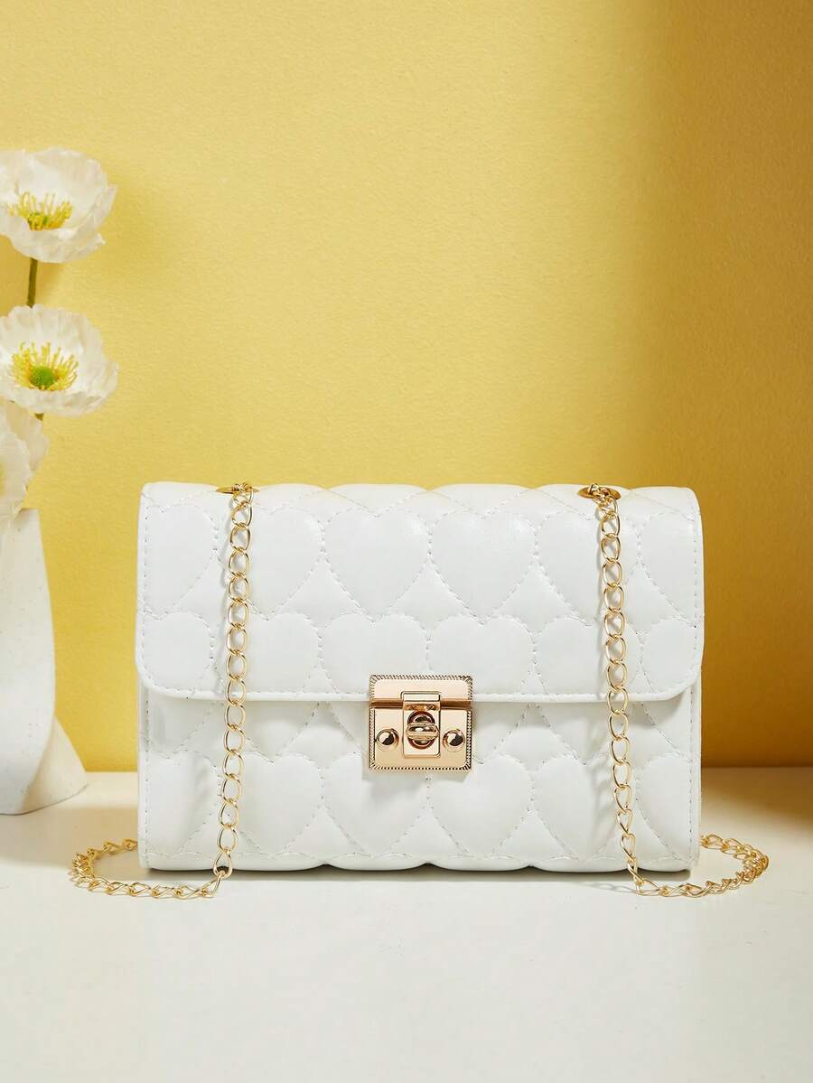 迷你旋锁方形包简约心形绗缝链条肩带便携式教师礼物，商务休闲工作，假日，办公室，度假，非常适合工作，非常适合办公室，购物，旅行，商务女士，女士，女性时尚，简约，柔软 - 白色 - 查看 1