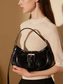 黑色紋理質感流浪包復古搭扣裝飾拉鍊PU皮革 - 黑色 - 查看 4