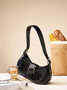 黑色紋理質感流浪包復古搭扣裝飾拉鍊PU皮革 - 黑色 - 查看 5