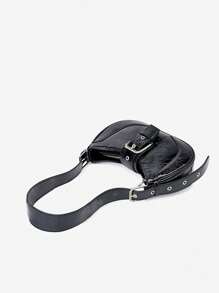 黑色紋理質感流浪包復古搭扣裝飾拉鍊PU皮革 - 黑色 - 查看 7