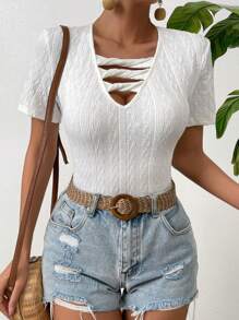 SHEIN LUNE Solid Criss Cross Front Tee