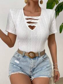 SHEIN LUNE Solid Criss Cross Front Tee