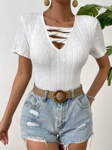 SHEIN LUNE Solid Criss Cross Front Tee