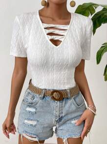 SHEIN LUNE Solid Criss Cross Front Tee