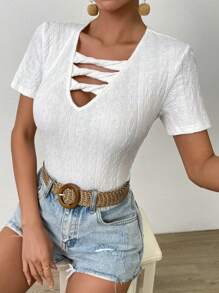 SHEIN LUNE Solid Criss Cross Front Tee