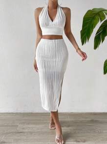 Chiquease unicolor Top halter & de muslo con abertura Falda - Blanco - Ver 4