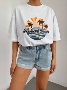 RueChic Tropical & Slogan Graphic Drop Shoulder Tee - White - View 2