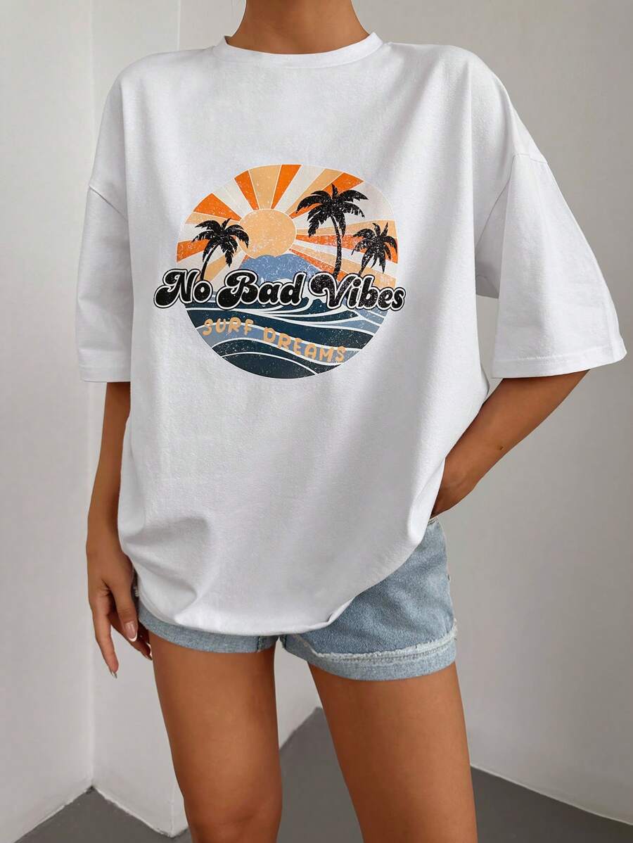 RueChic Tropical & Slogan Graphic Drop Shoulder Tee - White - View 1