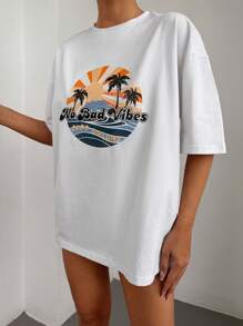 RueChic Tropical & Slogan Graphic Drop Shoulder Tee - White - View 4