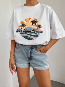 RueChic Tropical & Slogan Graphic Drop Shoulder Tee - White - View 5