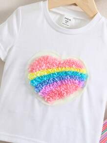 小女童愛心貼布細節T恤和條紋圖案長褲 - 彩色 - 查看 5