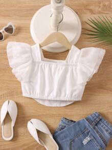 SHEIN Cô Gái Trẻ áo tay bướm Curved Hem Áo sơ mi Crop - trắng - Xem 2