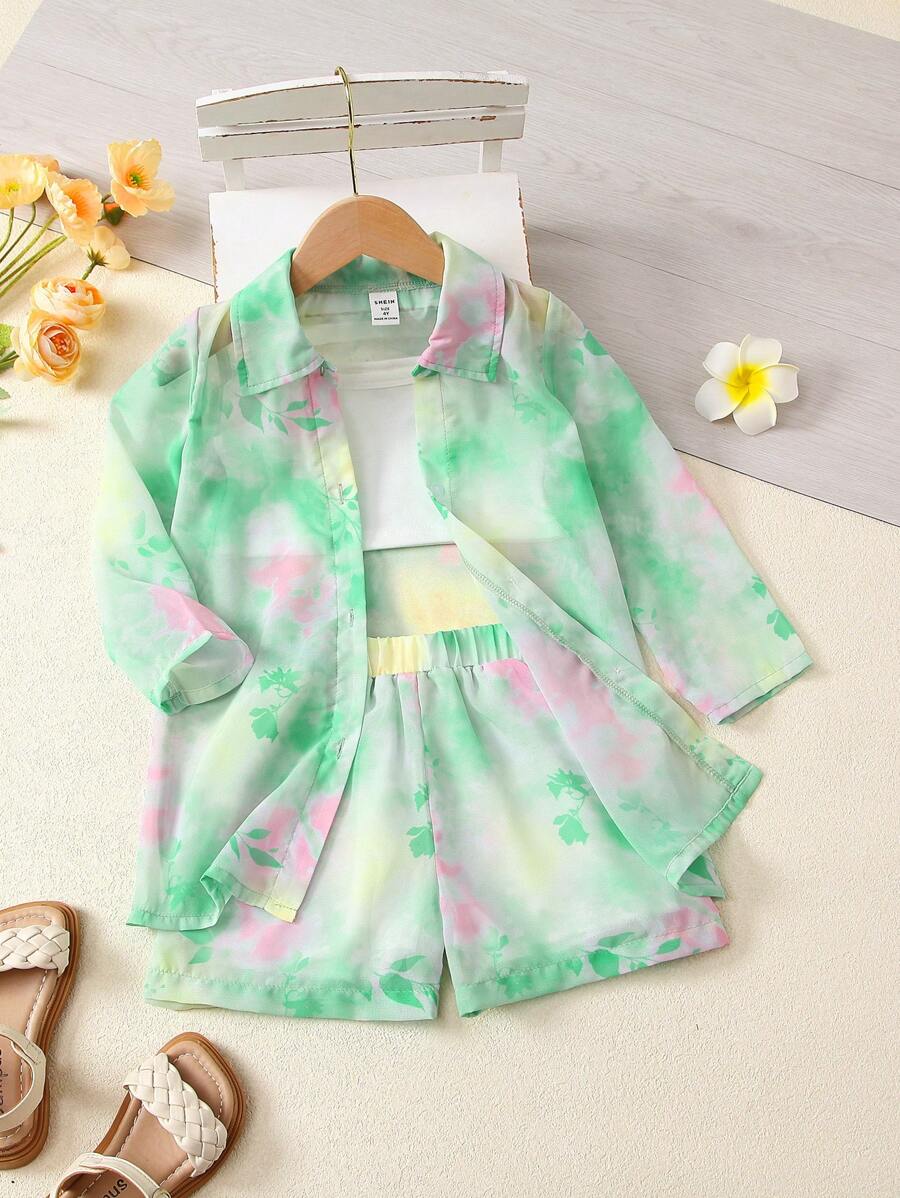 SHEIN 小女童花卉和紮染印花襯衫&吊帶上衣和短褲套裝 - 彩色 - 查看 1