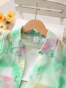 SHEIN 小女童花卉和紮染印花襯衫&吊帶上衣和短褲套裝 - 彩色 - 查看 4