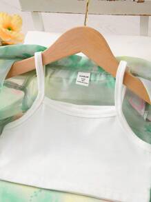 SHEIN 小女童花卉和紮染印花襯衫&吊帶上衣和短褲套裝 - 彩色 - 查看 5