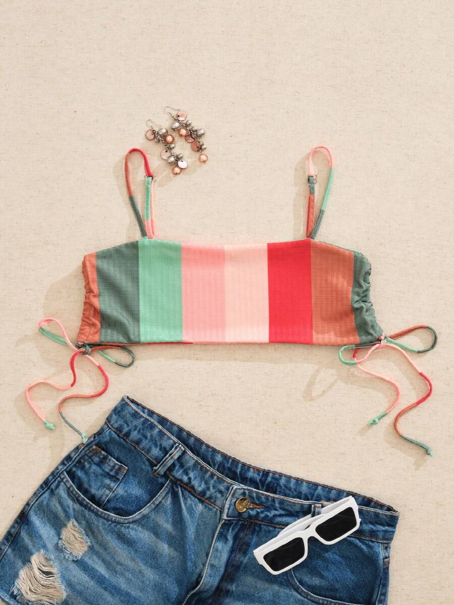 SHE(IN) BRASIL Striped Print Drawstring Side Cami Top - 彩色 - 查看 1