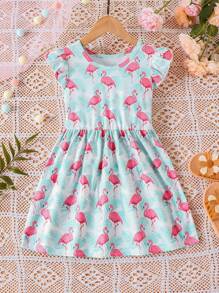 SHEIN Đầm bé gái Xù Nhiệt đới Chim hồng hạc Dễ thương - Nhiều màu - Xem 1