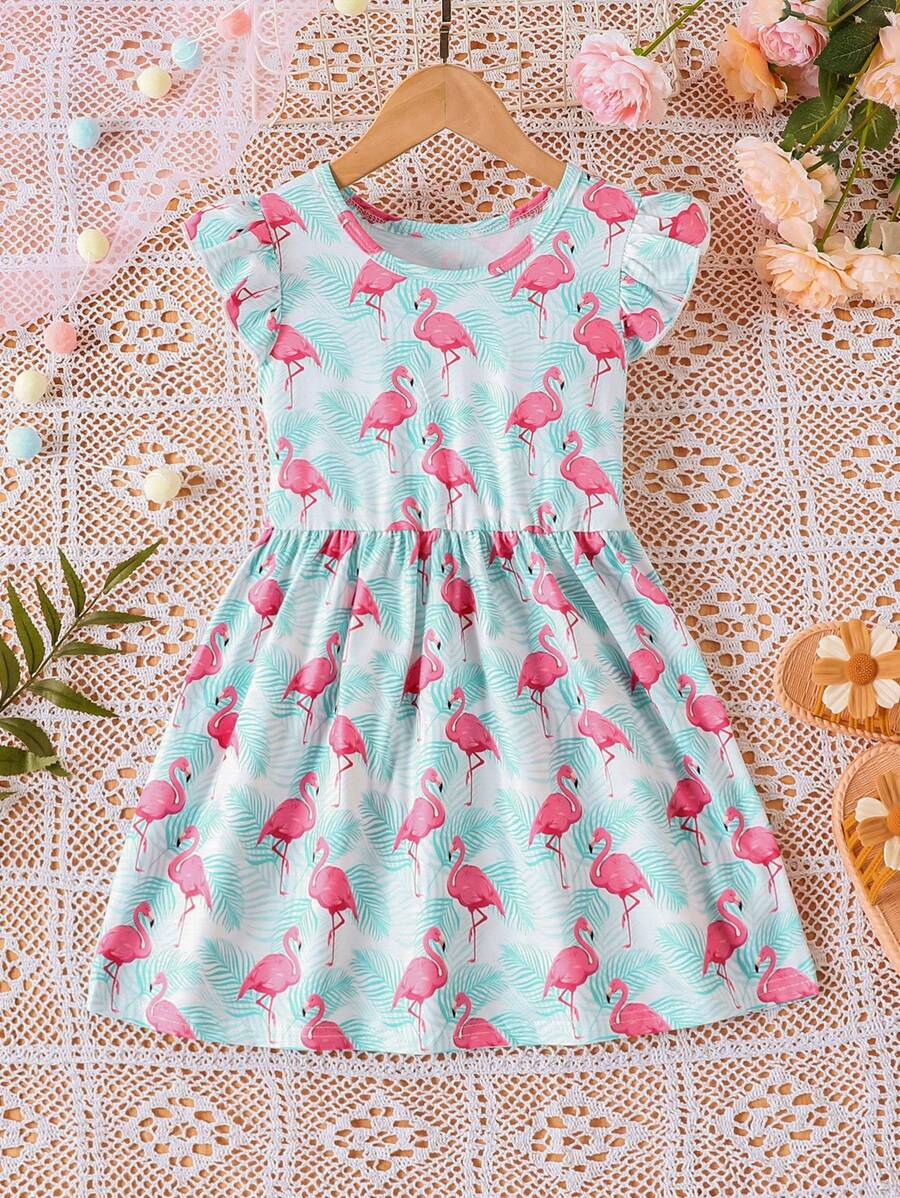 SHEIN Đầm bé gái Xù Nhiệt đới Chim hồng hạc Dễ thương - Nhiều màu - Xem 1