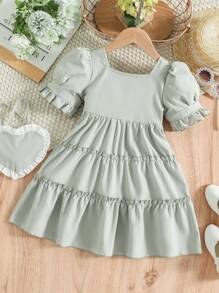 SHEIN 小女童方領泡泡袖荷葉邊洋裝