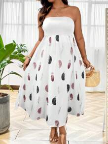 SHEIN Clasi Plus Feather Print Tube Dress Maxi Women Outfit - White - View 3