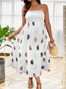 SHEIN Clasi Plus Feather Print Tube Dress Maxi Women Outfit - White - View 4
