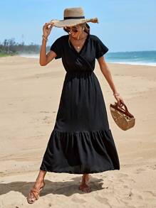 RueChic 女式黑色 V 领收腰宽松中长连衣裙，短袖